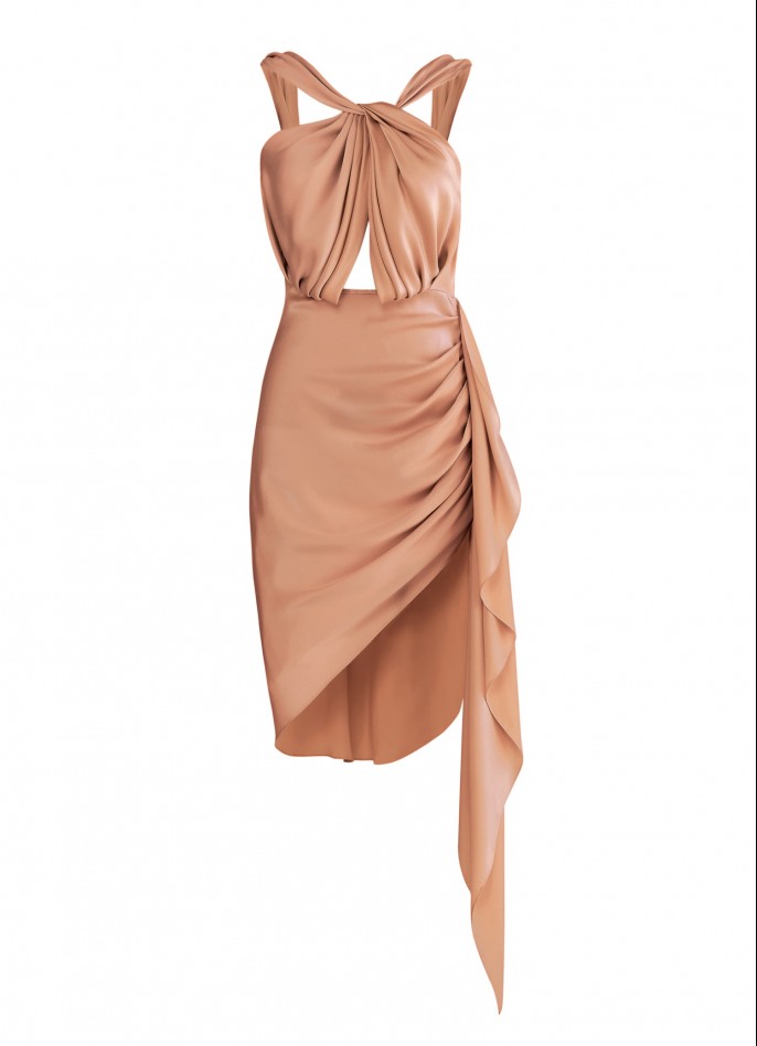 PRE-ORDER : DRAPED SILK SATIN BACKLESS DRESS - CARAMEL